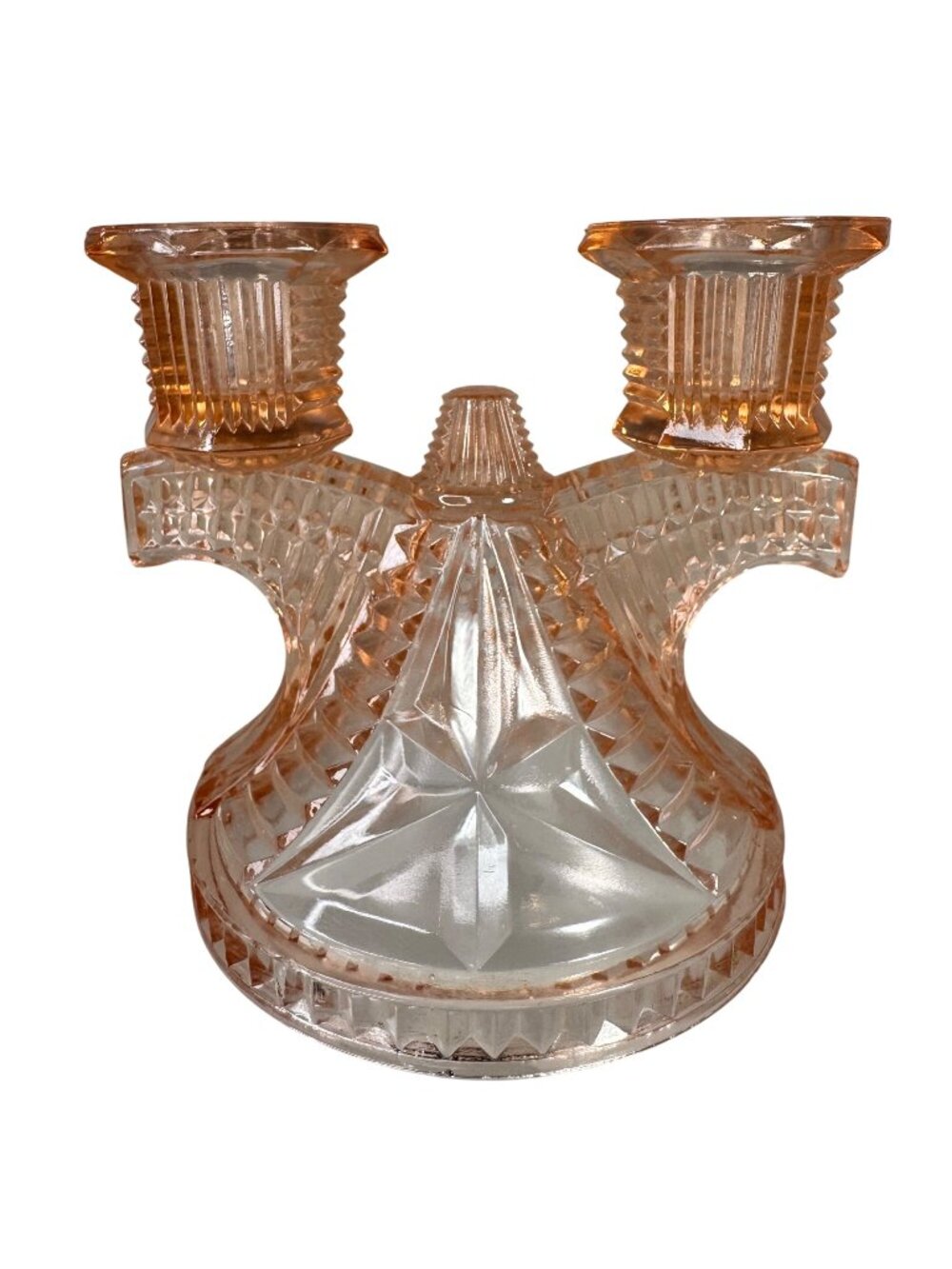 Federal Glass Wigwam Windmill Double-pillar Candlestick Pink Depression Vtg 30s
